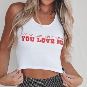 AMAZING LACE You Look Like You Love Me Graphic White Cropped Tank Large